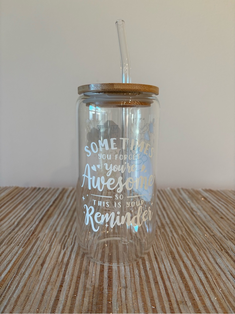 Positive Affirmations Clear Glass Tumbler with Bamboo Lid and Straw